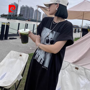 皮爾卡丹（pierre cardin）印花短袖T恤連衣裙夏季寬松顯瘦開叉大碼休閑裙子長裙歐美風(fēng) 黑色 XL 140到160斤