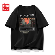 名創(chuàng)優(yōu)品（MINISO）短袖T恤男夏季純棉衣服青少年潮流新款戶外運動大碼休閑體恤衫男 黑色(日落城市) XL /180(不起球不掉色)