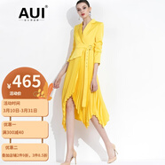 AUI 連衣裙女歐洲站2022秋新款氣質(zhì)女裝中長款雙排扣百褶裙子 黃色 XL