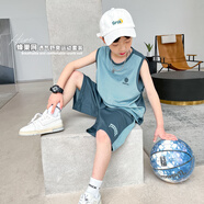 左西男童夏裝套裝2025兒童夏季速干籃球服運(yùn)動(dòng)背心兩件套 藍(lán)灰色 150