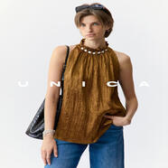 UNICA/時(shí)髦浪漫_皺面光澤醋酸清涼感巴洛克珍珠扣削肩顯瘦上衣 【皺感金】 皺面光澤醋酸 S 【現(xiàn)貨48小時(shí)發(fā)】