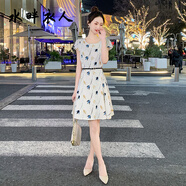 水畔衣人高檔春夏2025新款女裝碎花圓領(lǐng)印花雪紡修身短袖a字中長款連衣裙 白色郁金香 2XL
