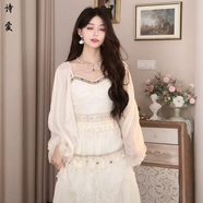 咚憬波西米亞狂想曲復古民族風(fēng)吊帶上衣流蘇半裙套裝 杏色吊帶+半身裙+遮陽(yáng)衣（三件套 M