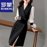 羅蒙（ROMON） 輕奢女裝 西裝v領長袖連衣裙女2022春秋季時尚休閑收腰系帶裙子 黑色 S