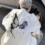 阿瑪瑟100%純棉重磅美式復(fù)古國(guó)潮牌印花蝴蝶玫瑰花短袖體恤男夏季上衣服 290克-白 M 建議95-110斤