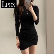 LPOX連衣裙女2025年夏季新款長(cháng)袖連衣裙女修身百搭款蕾絲連衣裙女 黑色 L