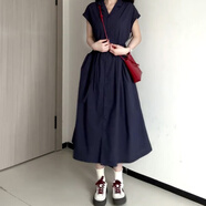 EINDKAD日系復古藏藍色襯衫連衣裙子女夏季2025年新款感收腰氣質長裙 【藏藍色】收腰連衣裙女2025新款 S 40/45kg 【送運費險 現(xiàn)貨速發(fā)