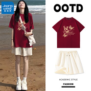 真維斯（JEANSWEST）短袖短褲休閑運(yùn)動套裝女生夏季2025新款寬松純棉夏天小個(gè)子一整套 短袖 酒紅 粉金蝴蝶+米色 純色 L