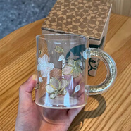 星巴克杯子優(yōu)雅鈴蘭玻璃杯高顏值炫彩浮雕帶攪拌棒辦公室咖啡水杯 櫻花金色勾線(xiàn)玻璃杯355ml