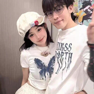 笙韻【兩件裝】情侶裝夏季短袖2025新款t恤潮流衣服定制520情人節(jié)禮物 白色男+白色女（長短款） 2XL 男+女M