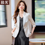 晨芙中袖小西裝外套女夏薄款氣質(zhì)女神范輕奢仿醋酸緞面西服連衣裙套裝 香檳色西裝+黑色連衣裙 3XL 建議135-145斤