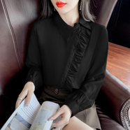 Radinka2025春秋新韓版V領(lǐng)收腰薄款仙氣白色襯衫上衣女設計感氣質(zhì)襯衣BLS 荷葉邊斜扣黑色 M