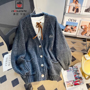 AEMAPE小熊毛衣開衫女外套2025春新款女裝衣服寬松溫柔秋冬季針織上衣 黑灰色D款 均碼 (80-140斤拍)