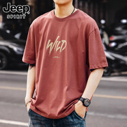 JEEP SPIRIT吉普高端美式印花短袖t恤男士夏季潮牌寬松純棉半袖休閑體恤男裝 朱砂紅 XL 適合150-170斤