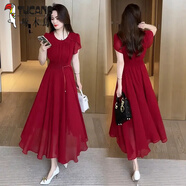 啄木鳥(niǎo)國風(fēng)氣質(zhì)連衣裙女2025年夏季新款時(shí)尚洋氣收腰顯瘦過(guò)膝雪紡長(cháng)裙子 酒紅色 M 90-105斤