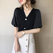 冠貿裴冰絲針織上衣女薄款2025夏季新款氣質優(yōu)雅短袖領雪紡拼接針織蕓郝 黑色 XL
