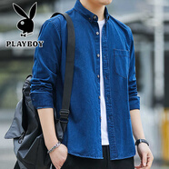 花花公子（PLAYBOY）春季新款襯衫男士加厚牛仔純棉長袖寬松休閑上衣外套大碼襯衣男裝 深藍色 XL 180/41【130-145斤】