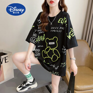 迪士尼（Disney）短袖T恤少女孩夏裝新款初中高中學生大碼寬松休閑小熊可愛上衣服 黑色【夏天穿搭 女裝夏款 韓版  170 M 適合80-110斤