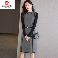 皮爾卡丹（PIERRE CARDIN）羊絨打底裙子厚毛衣裙女中長款秋冬季千鳥格羊毛內(nèi)搭配大衣連衣裙 黑色 M