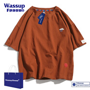 WASSUPFPAGU官方短袖t恤男夏季亞麻刺繡大碼半袖男青少年寬松百搭半袖體恤 咖啡色 L （建議110-130斤）