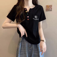 以純 YISHION設(shè)計(jì)感v領(lǐng)正肩短袖t恤女夏裝2025新款寬松韓版大碼顯瘦遮肚子上衣 黑色 L 適合111-130斤