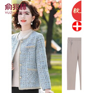 俞兆林（YUZHAOLIN）媽媽洋氣小香風(fēng)外套中年女裝春秋高貴上衣服中老年短款經(jīng)典款式 藍色+卡其三角褲 3XL (建議115-130斤)