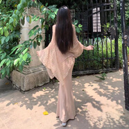 單南衛(wèi)不規(guī)則薄款寬松斗蓬罩衫上衣時尚套裝女秋季吊帶連衣裙長裙兩件套 杏色吊帶+卡其罩衫【兩件套】 XL 建議120-140斤