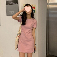 榮西圖糖果色彈力少女裙短袖連衣裙粉黃紫藍(lán)黑 粉色 M