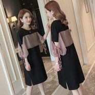 皮爾卡丹【只做100棉】前后拼接雪紡氣質(zhì)時(shí)尚連衣裙中長(cháng)款黑色短袖T恤裙夏 黑色 2XL 【146-165斤】