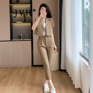 JVH香港潮牌休閑小西裝套裝女 2025夏季新款職業(yè)修身短袖小腳九分褲 卡其色 短款小西裝+松緊小腳褲 S （建議體重81-90）