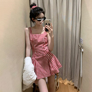 夏蓓朵紅色吊帶格子連衣裙子女夏季2025新款小個(gè)子法式氣質(zhì)小眾設(shè)計(jì)短裙 紅色格子裙 S 40/45kg