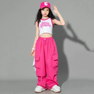A 21 FUNB女童爵士舞服裝兒童街舞潮演出服jazz舞蹈服女孩短款上衣表演服裝 白拼玫紅背心+玫紅色工裝長(zhǎng)褲+白方巾 170 cm