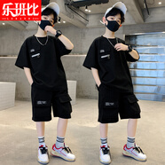 樂(lè )班比童裝男童套裝男孩夏款韓版中大童T恤短褲休閑帥氣兩件洋氣裝3-14 黑色 160 (建議身高150CM)