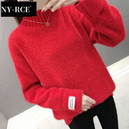 NY-RCE毛衣女2025冬季新款高品質(zhì)高領(lǐng)加厚寬松款秋冬短款潮流百搭針織衫 紅色半高領(lǐng) (保暖) 加厚 均碼
