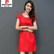 皮爾卡丹（pierre cardin）女裝夏修身顯瘦中長(cháng)款裙子2025短袖氣質(zhì)百搭色韓版棉麻連衣裙潮 單件紅色連衣裙 2XL