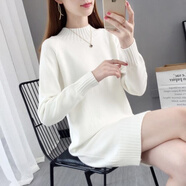 FHHUABD加絨/不加絨毛衣女中長(zhǎng)款寬松套頭秋冬季韓版純色百搭針織打底衫 白色 L  建議105-115斤