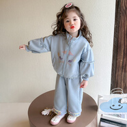 女童套裝春秋2025新款洋氣兒童衣服小女孩3-6歲花邊衛衣兩件套裝 藍色 120