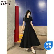 FSAT大碼胖mm休閑垂感正肩polo領(lǐng)短袖連衣裙夏季百搭收腰遮肉顯瘦裙子 黑色 XL 建議105-125斤