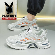 花花公子（PLAYBOY）男鞋2025夏季新款正品高端透氣網(wǎng)面耐磨運(yùn)動(dòng)休閑跑步老爹鞋子男 白灰 39