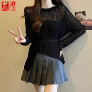 莜仙格2025春季薄款慵懶風(fēng)垂感空調(diào)外搭罩衫女圓領(lǐng)不規(guī)則鉤花鏤空針織衫 黑色 3XL 130-140斤