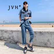 JVH香港潮牌工裝牛仔褲套裝女 2025夏季新款休閑運動(dòng)短袖九分小腳褲 藍色 短款上衣+高腰褲子 S 90-100斤