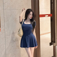 FSHE法式辣妹純欲風(fēng)方圓領(lǐng)連衣裙女夏小個(gè)子收腰顯瘦氣質(zhì)a字彈力短裙 藍色(單件) S