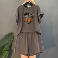 哈夫朵大碼女裝胖MM時尚減齡休閑運(yùn)動套裝女微胖女孩穿搭短褲顯瘦兩件套 X106灰色套裝 3XL 【建議150-170斤】