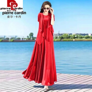皮爾卡丹（pierre cardin）雪紡連衣裙女白色大擺兩件套衣裙套裝長款大碼沙灘裙海邊拍照裙子 大紅色 連衣裙+披肩 XL 建議115--125斤
