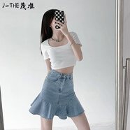 J-the淺色高腰牛仔短裙女夏季2025新款高腰魚尾顯瘦小個(gè)子辣妹半身裙 淺藍(lán)【有內(nèi)襯】  M