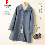 皮爾卡丹（pierre cardin）高端秋冬季新款雙面羊毛大衣女中長(cháng)款娃娃領(lǐng)小個(gè)子外套高端羊毛呢 人字紋藍色 S 115斤內拍