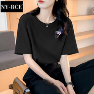 NY-RCE2025夏季短袖T恤女寬松體恤圓領(lǐng)內搭半袖春裝上衣新款 黑色印花434 XL