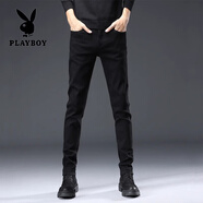 花花公子（PLAYBOY）男士牛仔褲男修身彈力小腳褲時尚百搭鉛筆褲緊身顯高保暖褲子男 902黑色 38