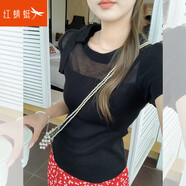 紅蜻蜓（RED DRAGONFLY）2025夏款韓系系帶蝴蝶結冰絲短袖T恤設計感針織衫女修身顯瘦上衣 黑色 均碼 5