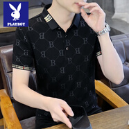 花花公子短袖t恤男士新款夏季高端休閑冰絲翻領(lǐng)polo體恤衫男薄款衫 黑色 XL